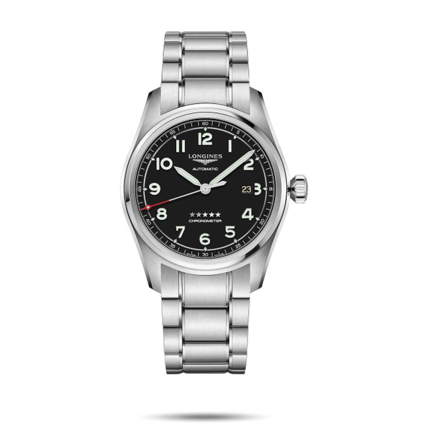 Longines Spirit Watch, stainless steel case and bracelet with black dial featuring luminous hands and markers, chronometer, date display, and automatic movement.
