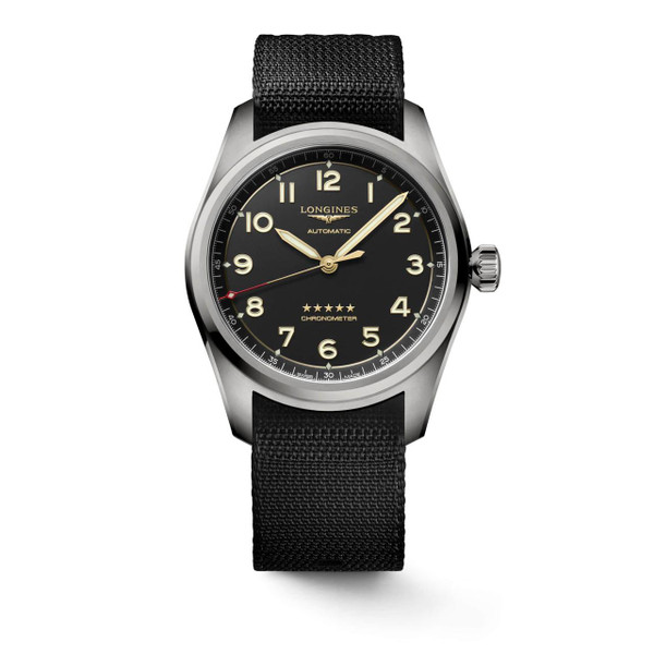Longines Spirit [L3.811.1.53.2], men's automatic chronometer watch with black dial, beige numerals and luminous hands, stainless steel case, and black fabric strap.