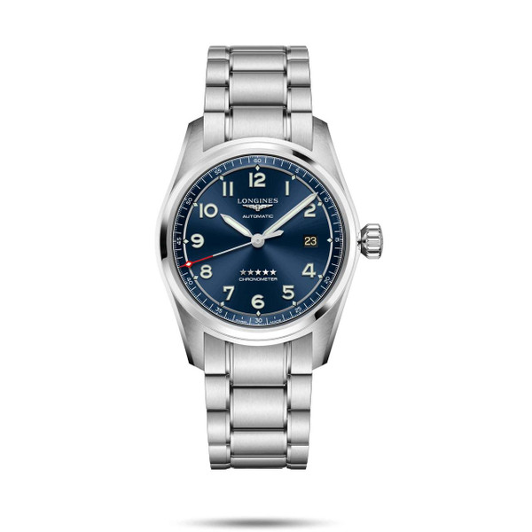 Longines Spirit [L3.810.4.93.9], stainless steel watch with blue dial, date display, luminous hands, and chronometer certification.