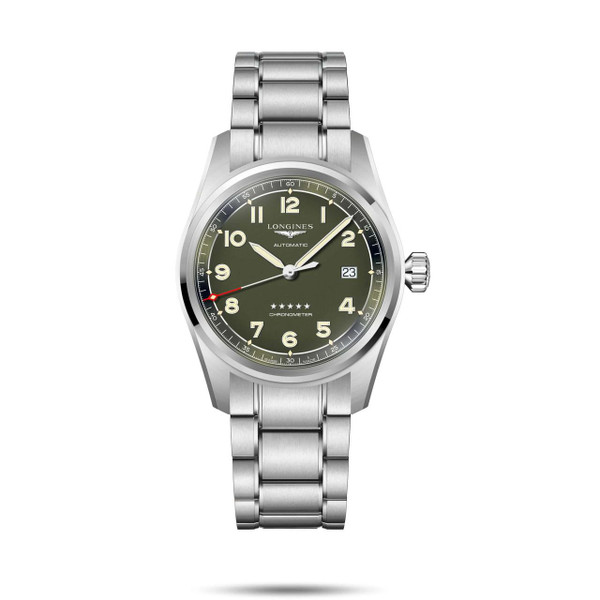 Longines Spirit [L3.810.4.03.6], classic men's wristwatch with stainless steel bracelet and green dial featuring luminous hands and markers, date display, and chronometer certification.