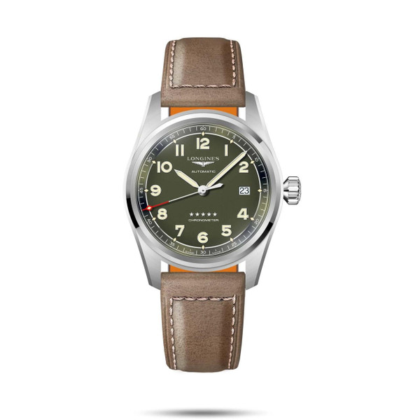 Longines Spirit [L3.810.4.03.2], men's wristwatch with green dial, stainless steel case, beige leather strap, and date display.