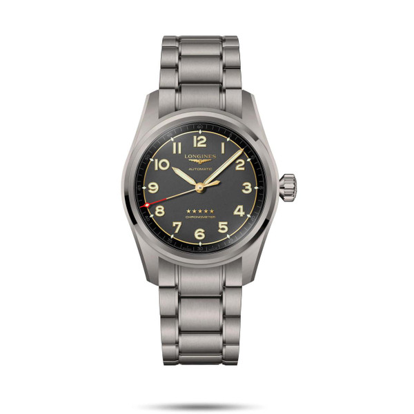 Longines Spirit Watch, stainless steel case and bracelet with black dial featuring luminous hands and Arabic numerals, chronograph, and automatic movement.