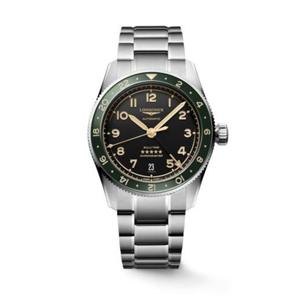 LONGINES SPIRIT [L3.802.4.63.6], men's luxury wristwatch with black dial, green and silver bezel, stainless steel bracelet, and automatic movement.