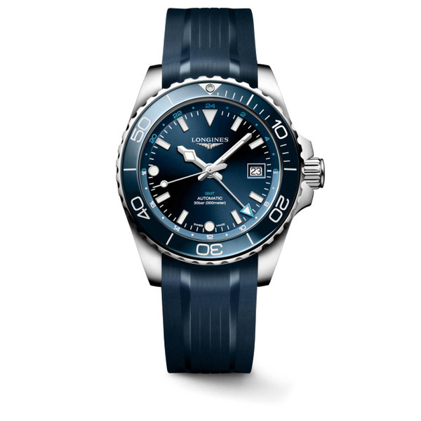 Longines HydroConquest [L3.790.4.96.9], blue dial stainless steel diver's watch with rubber strap, date display, and GMT feature.