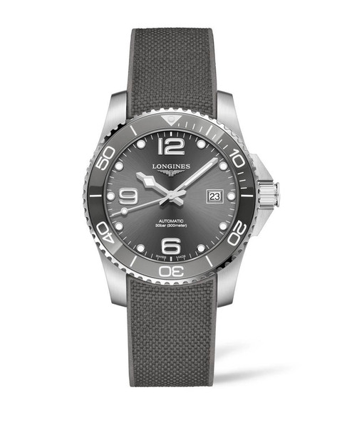 Longines HydroConquest, men's luxury diving watch with grey dial, stainless steel case, and black fabric strap.