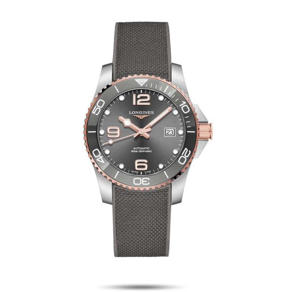 Longines HydroConquest, luxury wristwatch with a dark grey dial, rose gold bezel and accents, and a grey textured strap.
