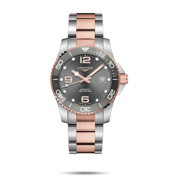 Longines HydroConquest, luxury men's diving watch with a silver and rose gold stainless steel bracelet, grey dial, unidirectional rotating bezel, date display, and automatic movement.
