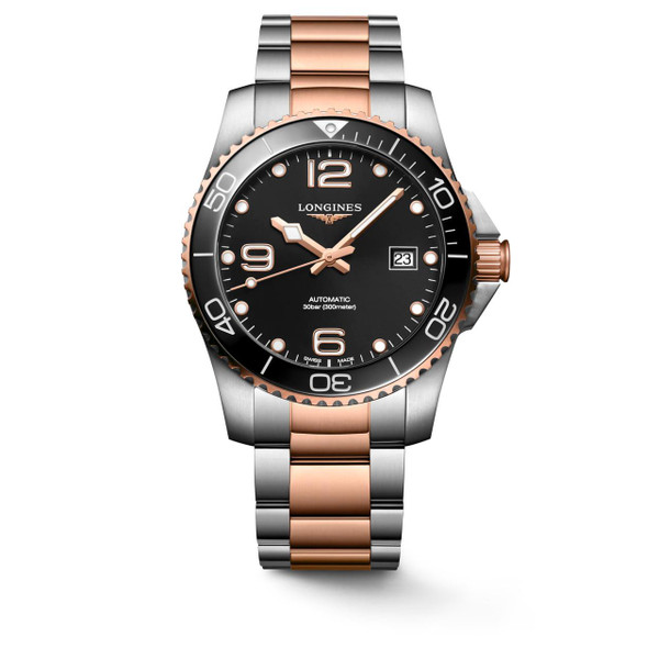 Longines HydroConquest, luxury men's watch with black dial, two-tone stainless steel and rose gold bracelet, unidirectional bezel, date display, and automatic movement.
