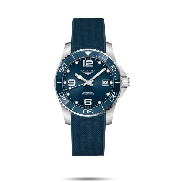 Longines HydroConquest Watch, blue dial with silver accents and a matching blue strap.