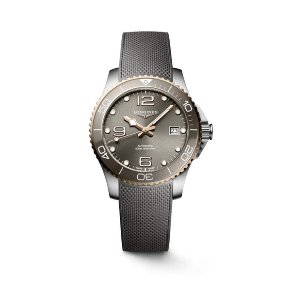 Longines HydroConquest, men's luxury sports watch with gray dial, stainless steel case, and textured gray rubber strap.