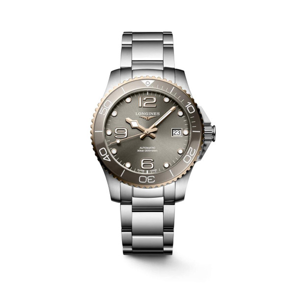 Longines HydroConquest, stainless steel men's diver watch with a gray dial, luminous hands and markers, date display, rotating bezel, and water resistance up to 300 meters.