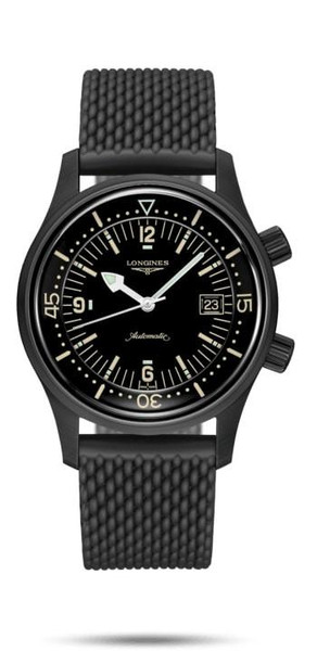 Longines Legend Diver, black dial with luminous hands and markers, date display, black textured strap, automatic men's diver watch.