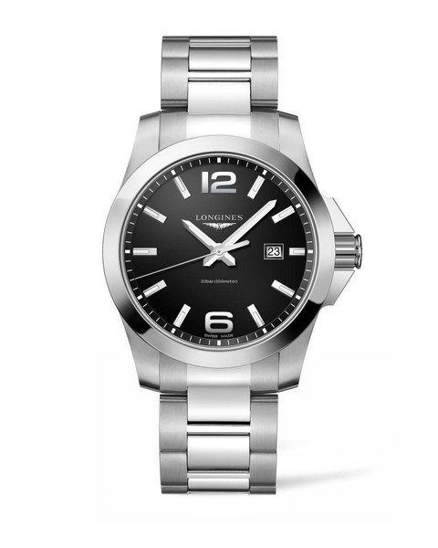LONGINES CONQUEST, men's stainless steel watch with black dial, date display, and luminous hands and markers.