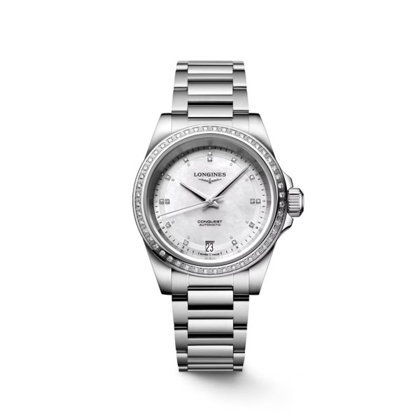 Longines Conquest watch, stainless steel case and bracelet with diamond accents, white mother-of-pearl dial, date display at 6 o'clock, automatic movement.