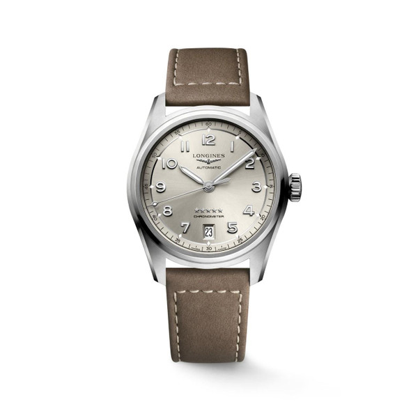 Longines Spirit [L3.410.4.63.2] watch, a stainless steel case watch with a beige dial, silver-tone hands, Arabic numeral hour markers, date window at 6 o'clock, and a brown leather strap.
