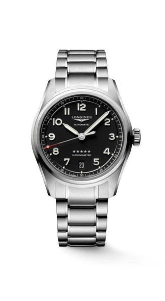 LONGINES SPIRIT [L3.410.4.53.6], men's stainless steel automatic chronometer wristwatch with black dial, luminous hands and markers, date display at 6 o'clock, and a 42mm case with a metal bracelet.