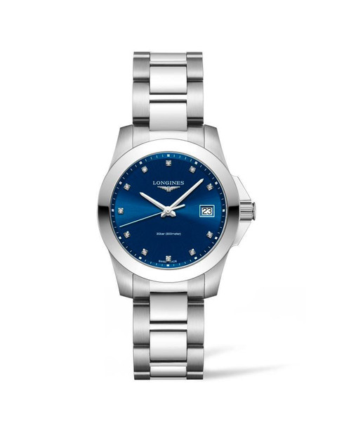 LONGINES CONQUEST, men's luxury stainless steel wristwatch with blue dial, diamond hour markers, date display, and water resistance up to 300 meters.