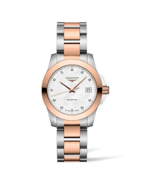 Longines Conquest watch, two-tone stainless steel and rose gold bracelet with a white mother-of-pearl dial, diamond hour markers, date display, and Swiss quartz movement.