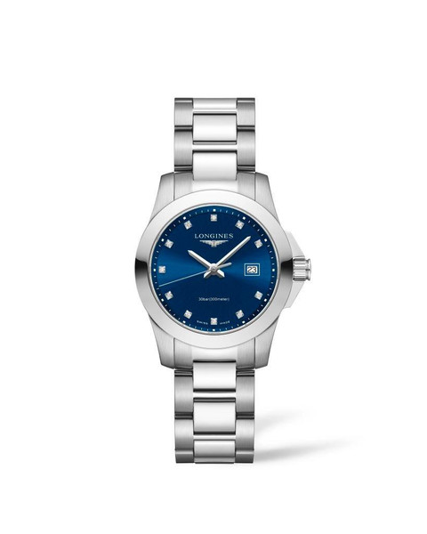 LONGINES CONQUEST, luxury stainless steel watch with blue dial, date display, and diamond hour markers.