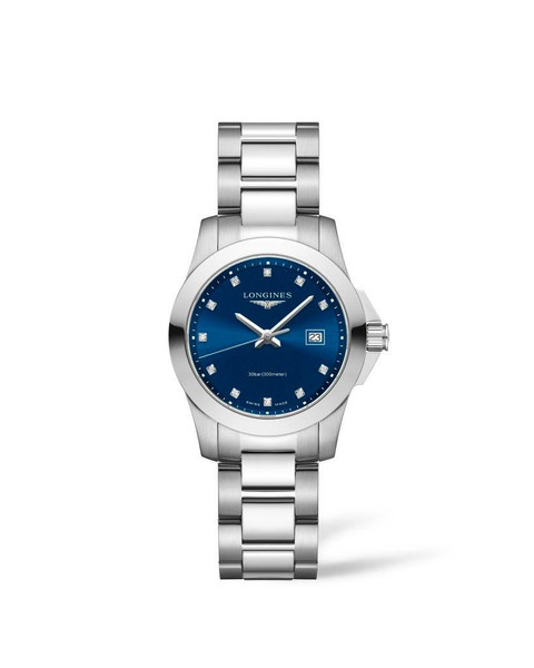 LONGINES CONQUEST, luxury stainless steel watch with blue dial, date display, and diamond hour markers.