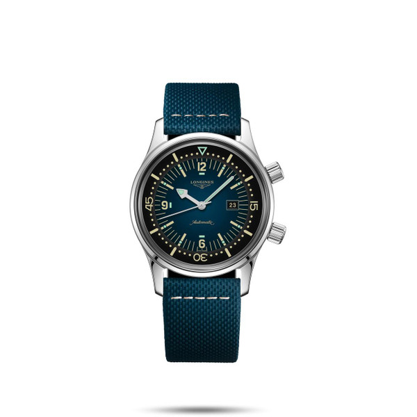 Longines Legend Diver [L3.374.4.90.2], a men's automatic diver watch with a blue dial, luminous hands and markers, date display, and a textured blue strap.