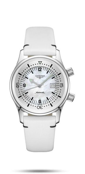 LONGINES LEGEND DIVER [L3.374.4.80.0], watch with white dial, silver case, and white strap showing date and automatic movement.