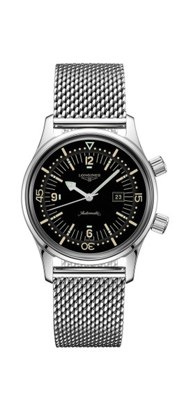 Longines Legend Diver, stainless steel automatic dive watch with black dial, luminous hands, date display, and mesh bracelet.