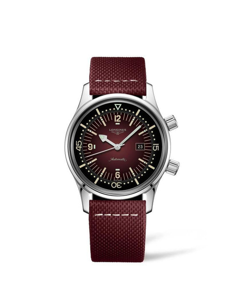 LONGINES LEGEND DIVER [L3.374.4.40.2], luxury men's diving watch with a deep red dial and matching red strap, featuring date display and automatic movement.
