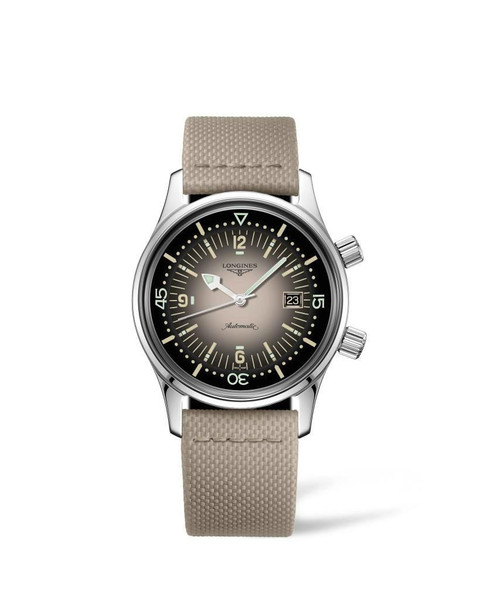 Longines Legend Diver [L3.374.4.30.2], men's luxury dive watch with beige strap, black dial with luminous markers, date display, and automatic movement.