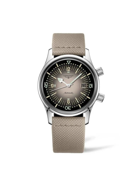 Longines Legend Diver [L3.374.4.30.2], men's luxury dive watch with beige strap, black dial with luminous markers, date display, and automatic movement.