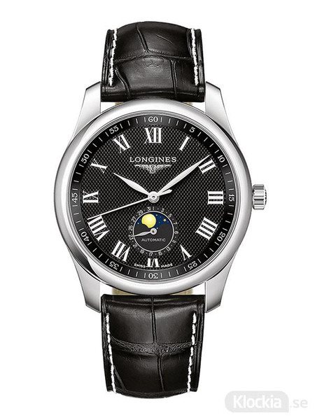 LONGINES THE LONGINES MASTER COLLECTION [L2.909.4.51.7], luxury men's wristwatch with black dial, silver Roman numeral hour markers, moon phase display, and black leather strap.