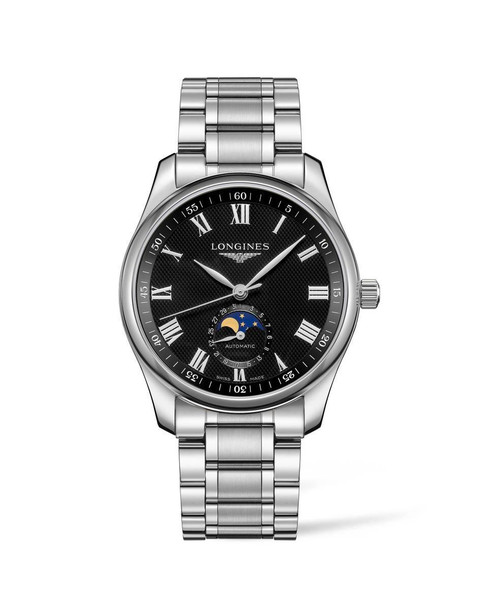 LONGINES THE LONGINES MASTER COLLECTION [L2.909.4.51.6], men's automatic wristwatch with black textured dial, Roman numeral markers, moon phase, and stainless steel bracelet.