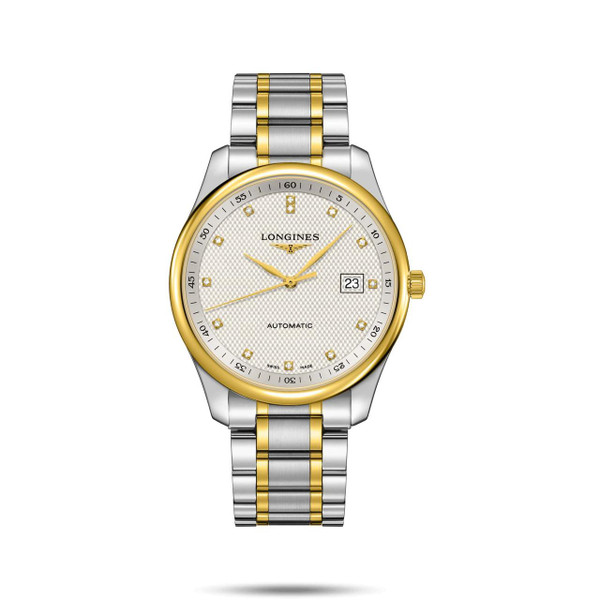 Longines The Longines Master Collection, luxury men's wristwatch with gold and silver stainless steel band, white textured dial, date display, and automatic movement.