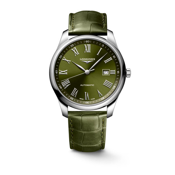 Longines The Longines Master Collection [L2.893.4.09.2], green dial automatic wristwatch with Roman numerals and date display on a green leather strap.
