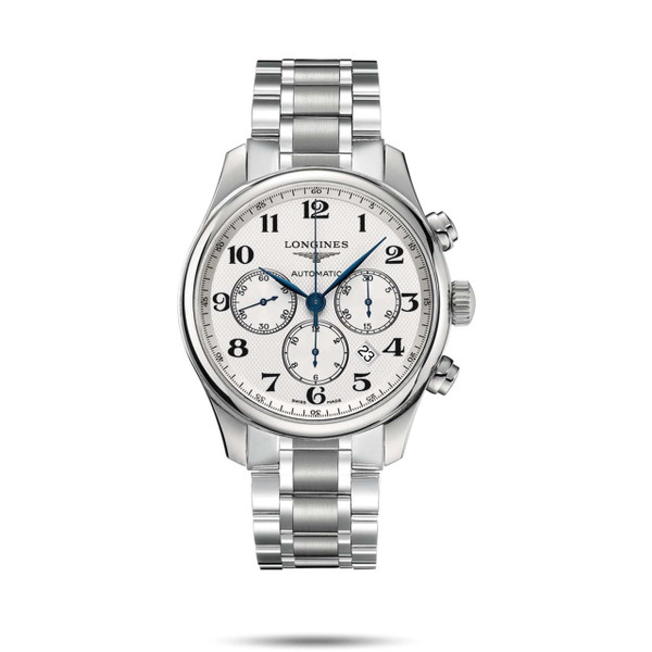 Longines The Longines Master Collection [L2.859.4.78.6], a luxury silver stainless steel wristwatch with a white textured dial, chronograph subdials, blue hands, and a date window, featuring a stainless steel bracelet.