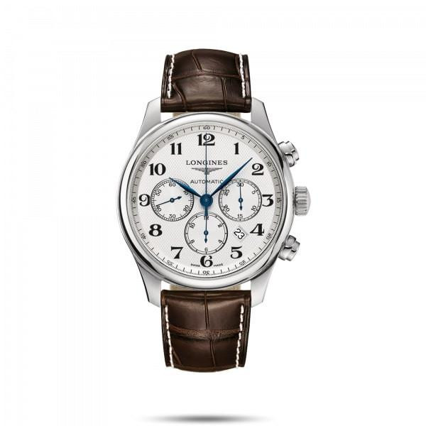 LONGINES THE LONGINES MASTER COLLECTION [L2.859.4.78.3], luxury men's automatic chronograph wristwatch with white dial, sub-dials, and brown leather strap.