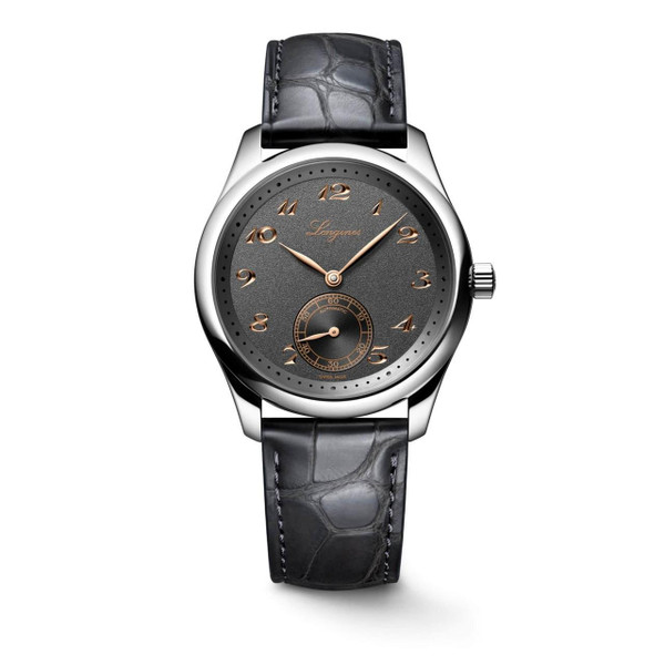 Longines The Longines Master Collection [L2.843.4.63.2], luxury men's wristwatch with a black textured dial, gold Arabic numerals, subsecond dial, and black alligator strap.