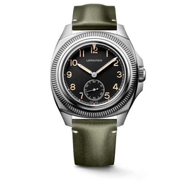 Longines Heritage Avigation Watch, black dial with beige numerals and hands, stainless steel case, green leather strap.