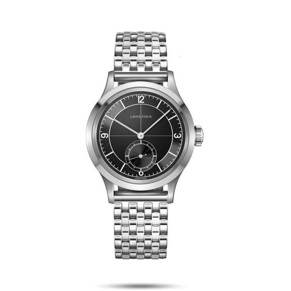 Longines Heritage Classic watch, stainless steel case and bracelet with black dial and silver accents, featuring sub-dial at 6 o'clock and chronograph functions.