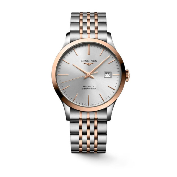 Longines Record Automatic Chronometer Watch, silver dial with rose gold accents and two-tone stainless steel bracelet.