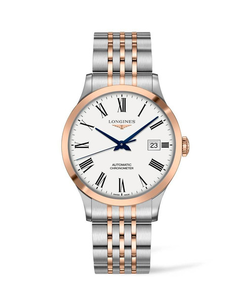 LONGINES RECORD [L2.821.5.11.7], luxury men's wristwatch with a two-tone stainless steel and rose gold bracelet, white dial, Roman numeral hour markers, date display, and blue hands.