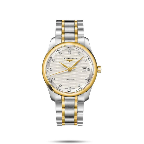 Longines The Longines Master Collection [L2.793.5.97.7], luxury men's automatic wristwatch with gold and silver stainless steel band, white textured dial, gold bezel, and date display.
