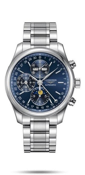 Longines The Longines Master Collection watch, stainless steel case and bracelet with a blue dial featuring multiple subdials, moonphase display, and chronograph functions.
