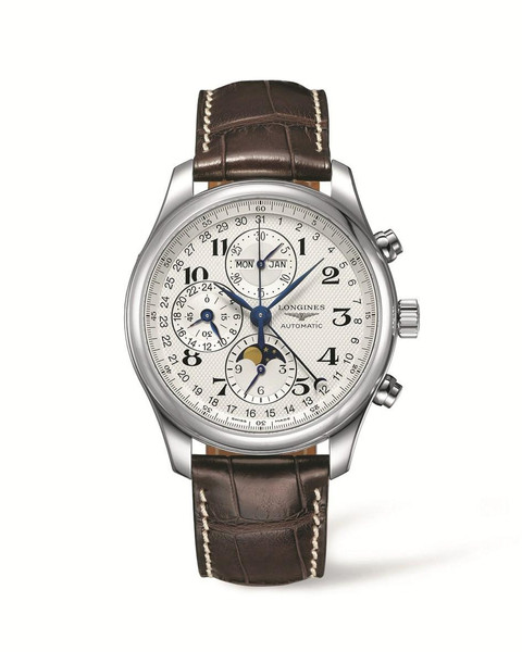 LONGINES THE LONGINES MASTER COLLECTION [L2.773.4.78.3], luxury men's automatic wristwatch with chronograph and moon phase, brown leather strap, stainless steel case, and white dial with multiple subdials.