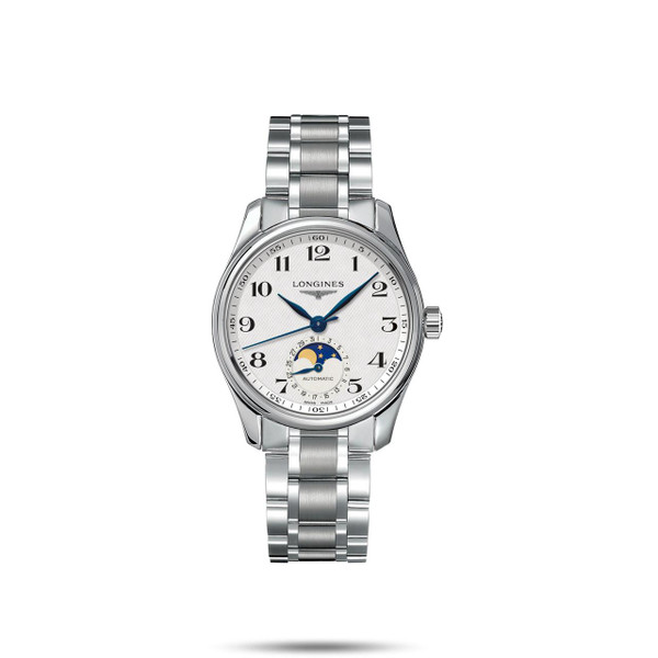 Longines The Longines Master Collection [L2.409.4.78.6], a luxury wristwatch featuring a stainless steel bracelet, white dial with blue hands, moon phase complication, and automatic movement.