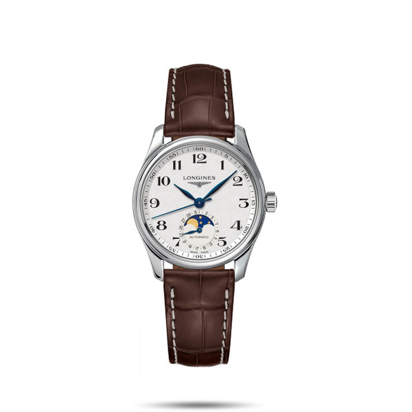 LONGINES THE LONGINES MASTER COLLECTION [L2.409.4.78.3], wristwatch with white dial, blue hands, moon phase complication, brown leather strap, and stainless steel case.