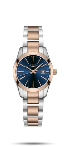 LONGINES Conquest Classic [L2.286.3.92.7] watch, stylish men's wristwatch with a blue dial, rose gold and stainless steel bracelet, and date display.
