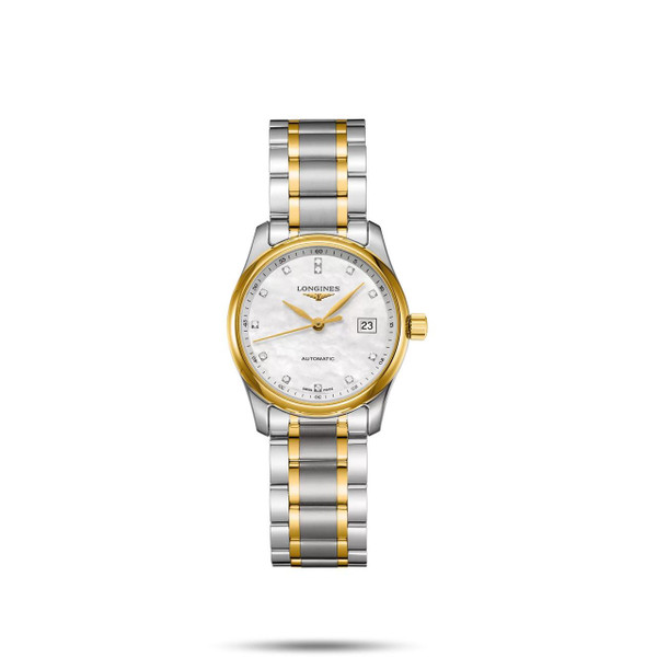 Longines The Longines Master Collection [L2.257.5.87.7], luxury wristwatch with gold and silver stainless steel bracelet, white mother-of-pearl dial, diamond hour markers, date display, and automatic movement.