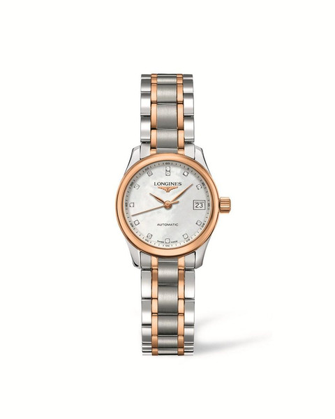 LONGINES THE LONGINES MASTER COLLECTION [L2.128.5.89.7], Elegant women's wristwatch featuring a two-tone stainless steel and rose gold bracelet, white dial with diamond hour markers, date display at 3 o'clock, and automatic movement.