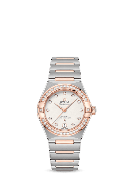 OMEGA Constellation co-axial Master Chronometer 29 mm watch, elegant two-tone design with a diamond-studded bezel and bracelet, rose gold accents, and a white dial with diamond hour markers.